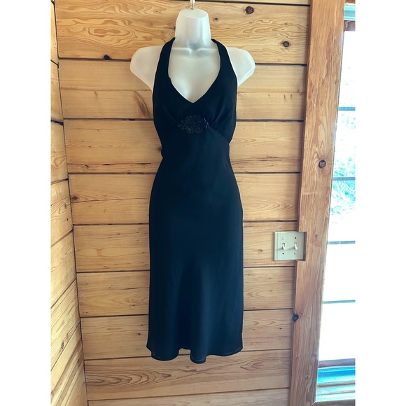 Vintage Dresses & Skirts - Vintage 90s Black Halter Midi Dress Sheer Overlay Beaded Detail Size 6 Friends